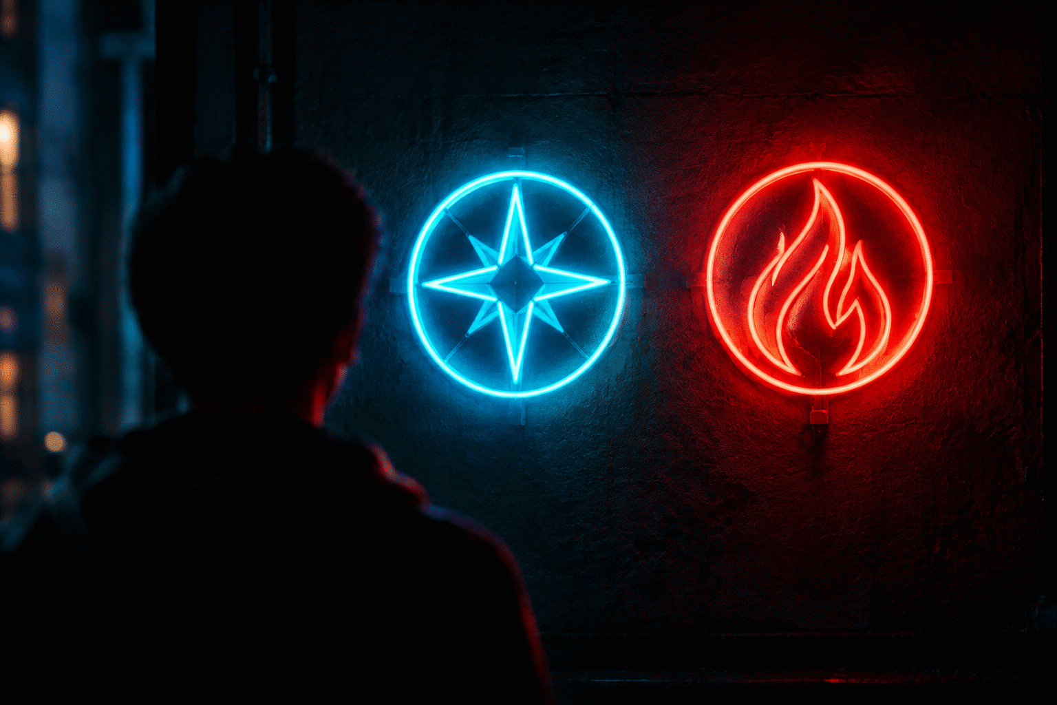 LED Neon vs Glass Neon — visual for the section “The Question Under the Question”: dark scene, glowing neon focal point, shallow depth of field