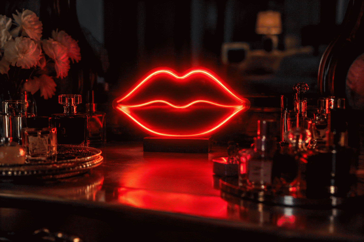 Lips Neon Sign Ideas — visual for the section “The Palette”: dark scene, glowing neon focal point, shallow depth of field
