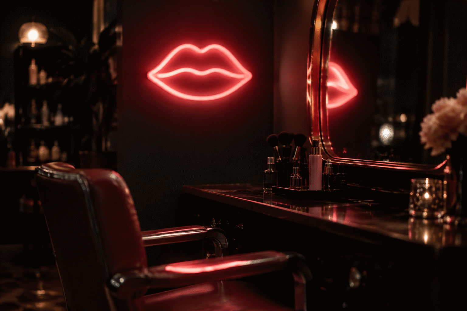 Lips Neon Sign Ideas — visual for the section “The Lips in Design History (The Beauty Century)”: dark scene, glowing neon focal point, shallow depth of field