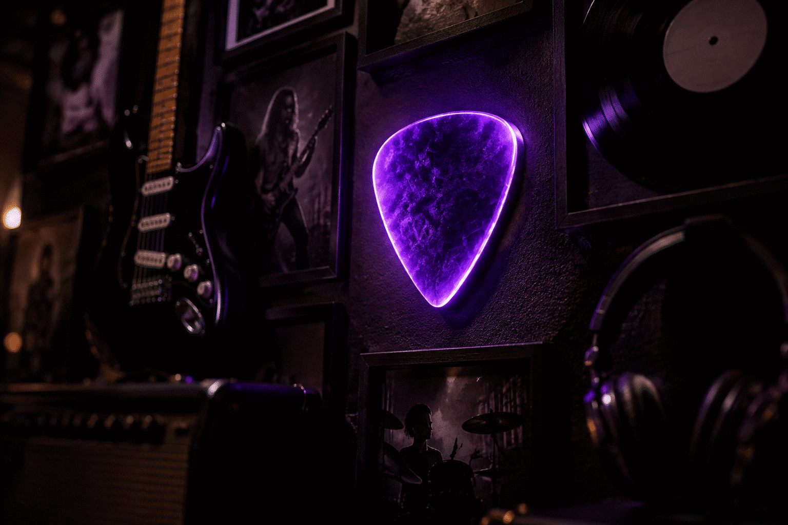 Metallica Neon Sign — visual for the section “The Genre Tree: Where the Wall Fits”: dark scene, glowing neon focal point, shallow depth of field