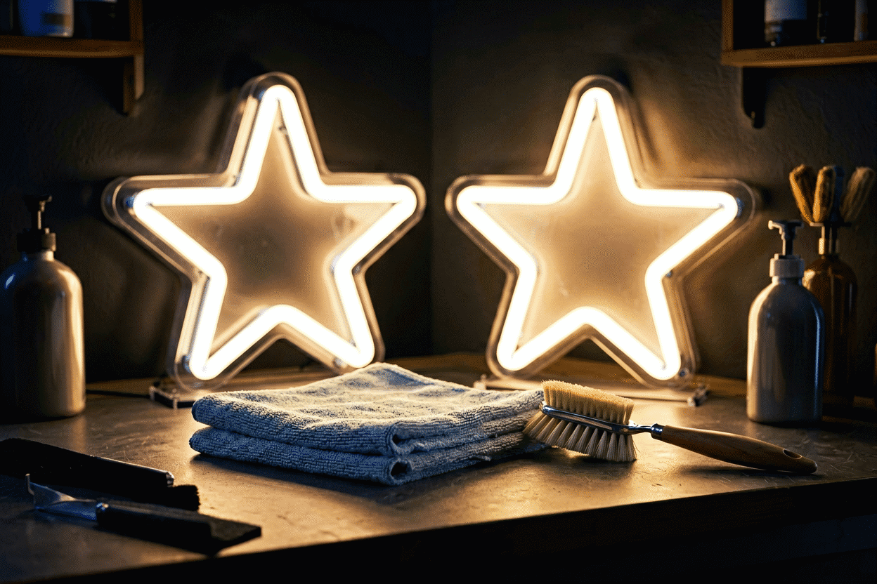 Neon Sign Accessories — visual for the section “Category 5: The Cleaning Kit (Two Tools)”: dark scene, glowing neon focal point, shallow depth of field