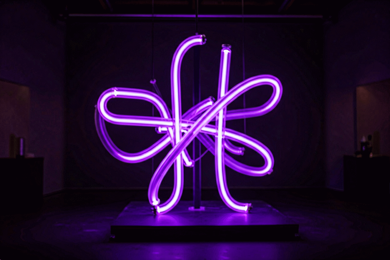 Neon Art History — visual for the section “Act III: The Word Made Light (1960s–1990s)”: dark scene, glowing neon focal point, shallow depth of field