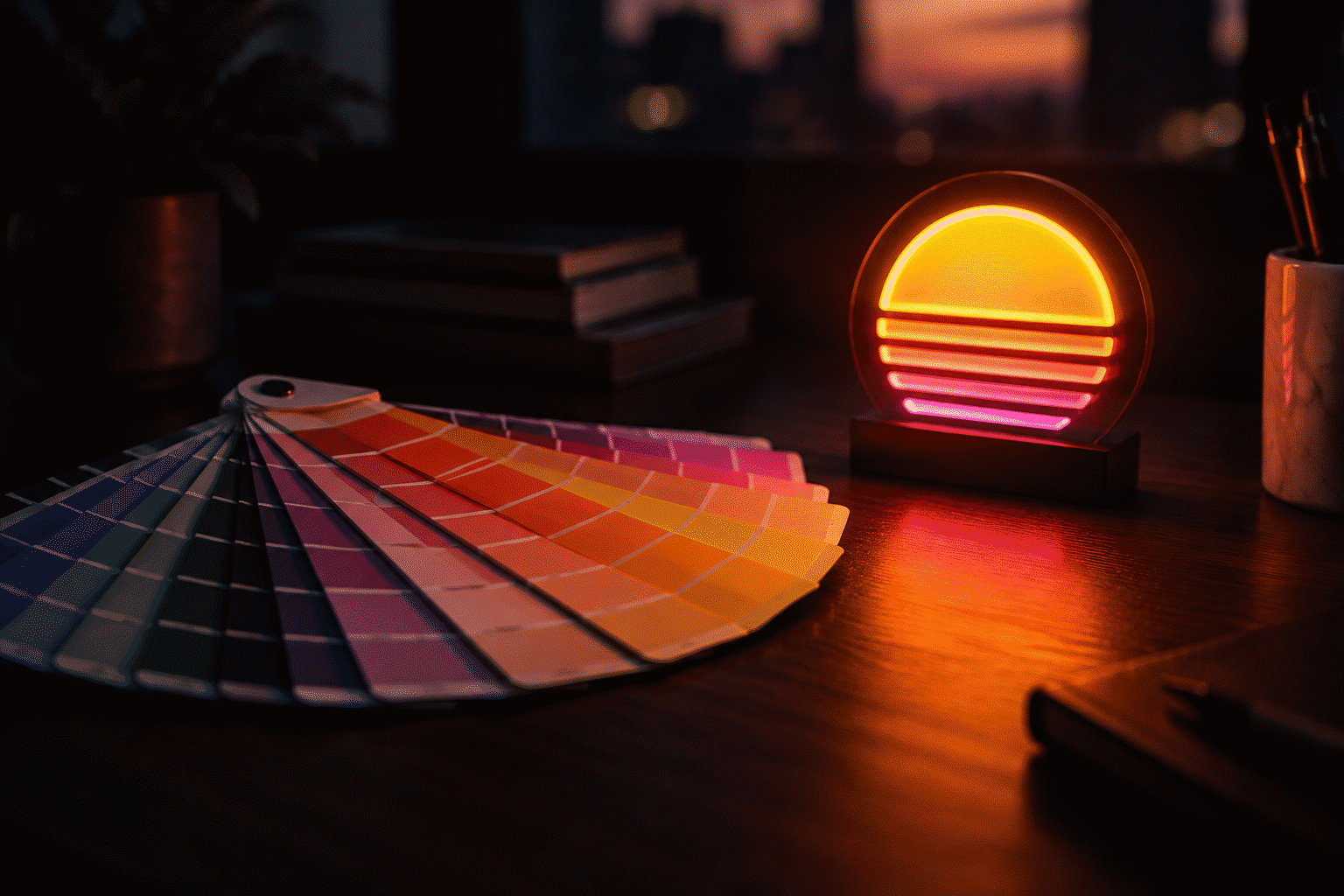 Neon Color Palettes — visual for the section “Palette to Room: The Matching Table”: dark scene, glowing neon focal point, shallow depth of field