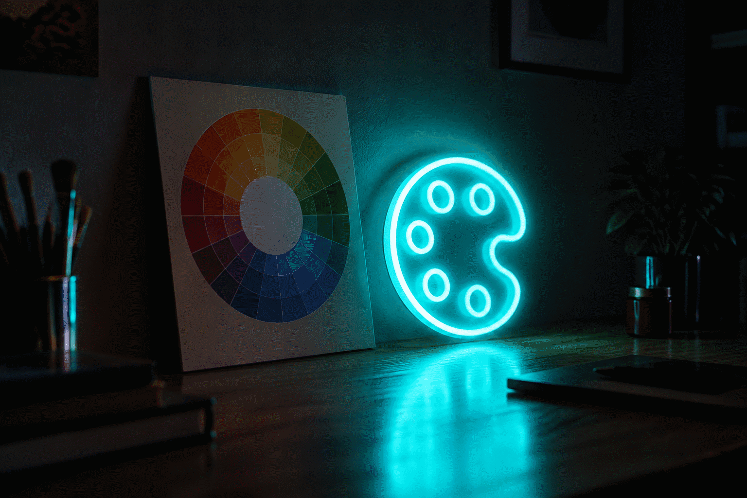 Neon Color Palettes — visual for the section “The Design-Theory Layer: Why These Rules Work”: dark scene, glowing neon focal point, shallow depth of field