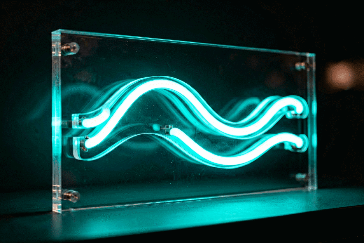 Neon Sign Backing Boards — visual for the section “Type 2: Full Clear Panel”: dark scene, glowing neon focal point, shallow depth of field