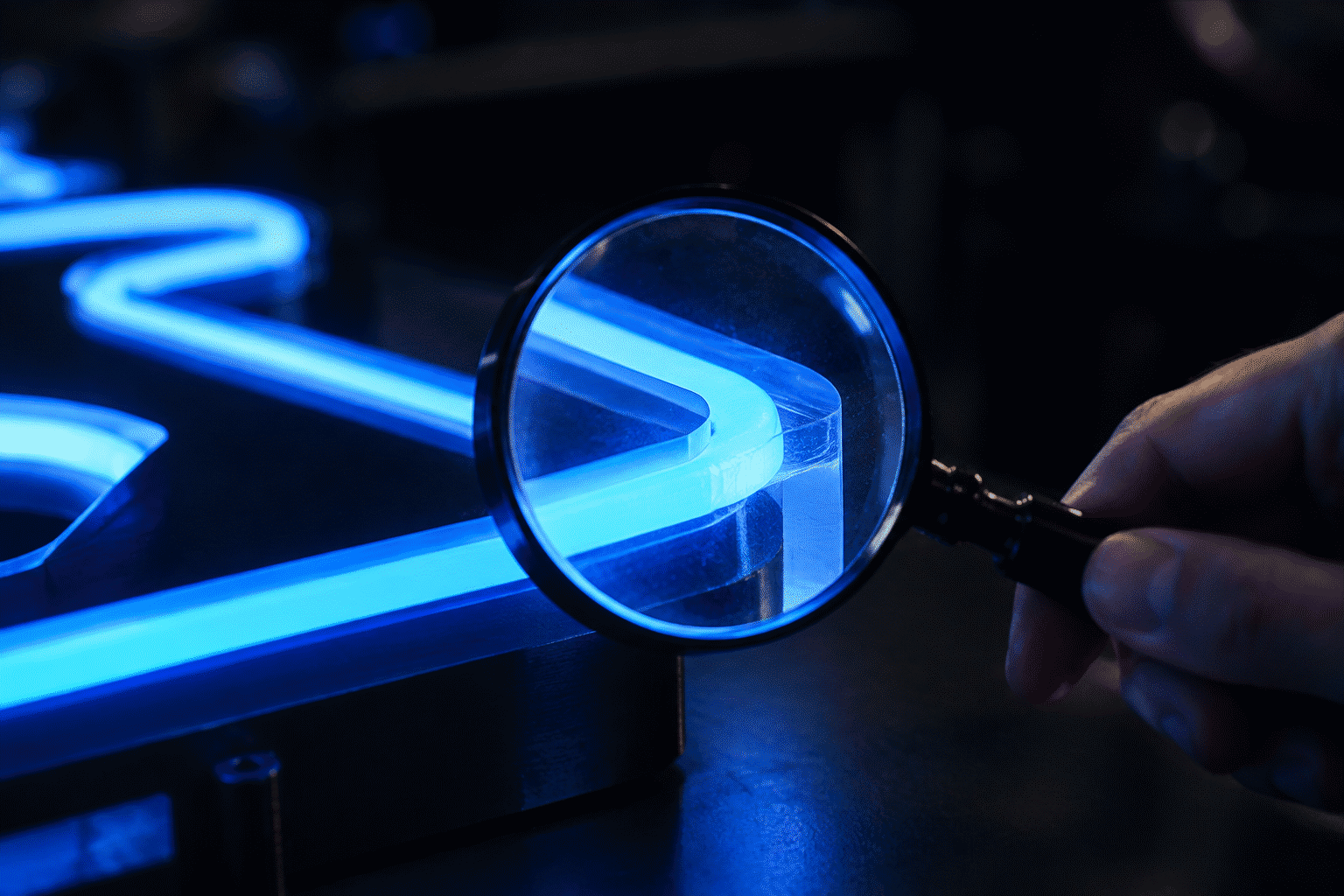 Custom Neon Sign Buying Guide 2026 — visual for the section “Stage 3: Vet the Maker (Nine Red Flags)”: dark scene, glowing neon focal point, shallow depth of field