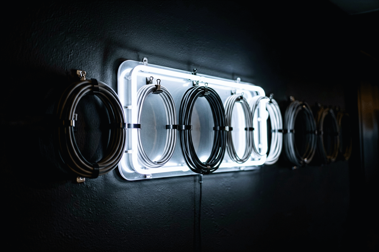 Neon Sign Cable Management for Walls and Studios — visual for the section “The Topology That Works: Zone, Bundle, Drop”: dark scene, glowing neon focal point, shallow depth of field