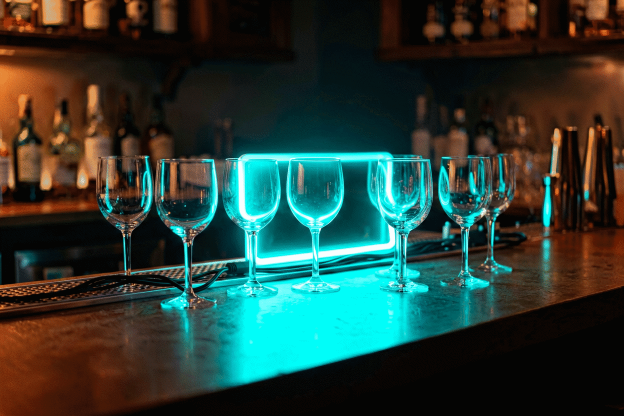 Neon Sign Cable Management for Walls and Studios — visual for the section “Scenario: The Home Bar”: dark scene, glowing neon focal point, shallow depth of field