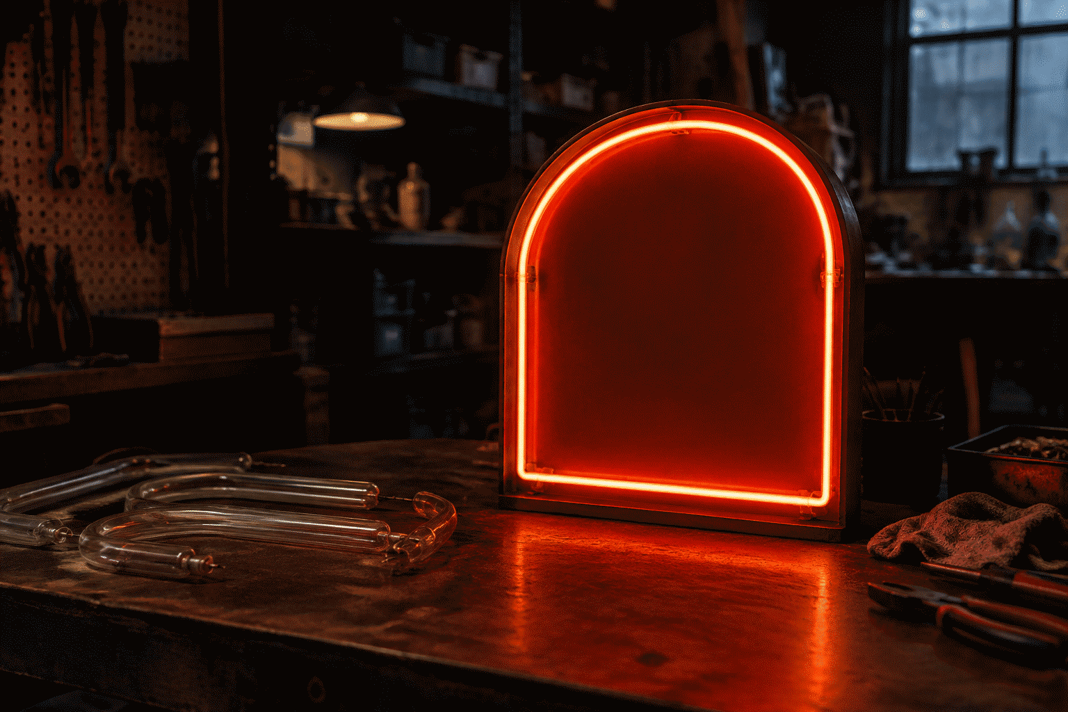Neon Sign Timeline — visual for the section “Stage 5: Rescue and Art”: dark scene, glowing neon focal point, shallow depth of field