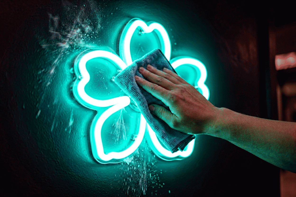 Neon Sign Maintenance — visual for the section “The Monthly Fifteen Minutes”: dark scene, glowing neon focal point, shallow depth of field