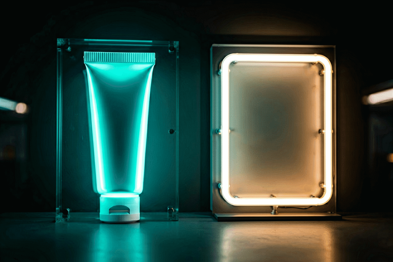 Neon Sign Maintenance — visual for the section “LED vs Glass: Two Different Care Books”: dark scene, glowing neon focal point, shallow depth of field