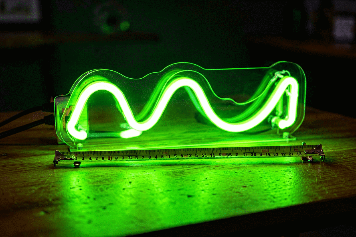 How to Measure for a Neon Sign (Wall to Order) — visual for the section “Reading Sign Listings: Width vs. Total Dimensions”: dark scene, glowing neon focal point, shallow depth of field