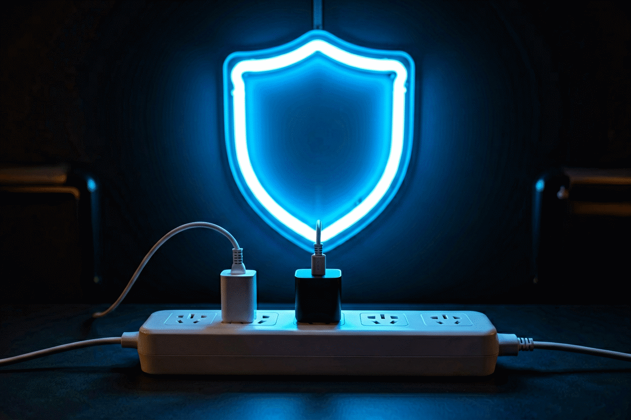 Neon Sign Power Supplies — visual for the section “Surge Protection: The $15 Insurance”: dark scene, glowing neon focal point, shallow depth of field