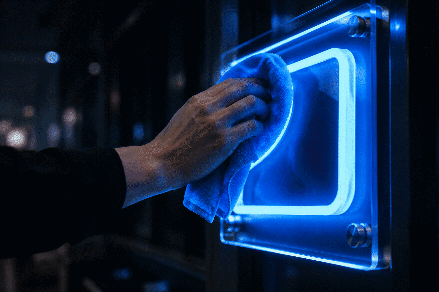 Neon Sign Quality Check — visual for the section “Keeping It That Way”: dark scene, glowing neon focal point, shallow depth of field
