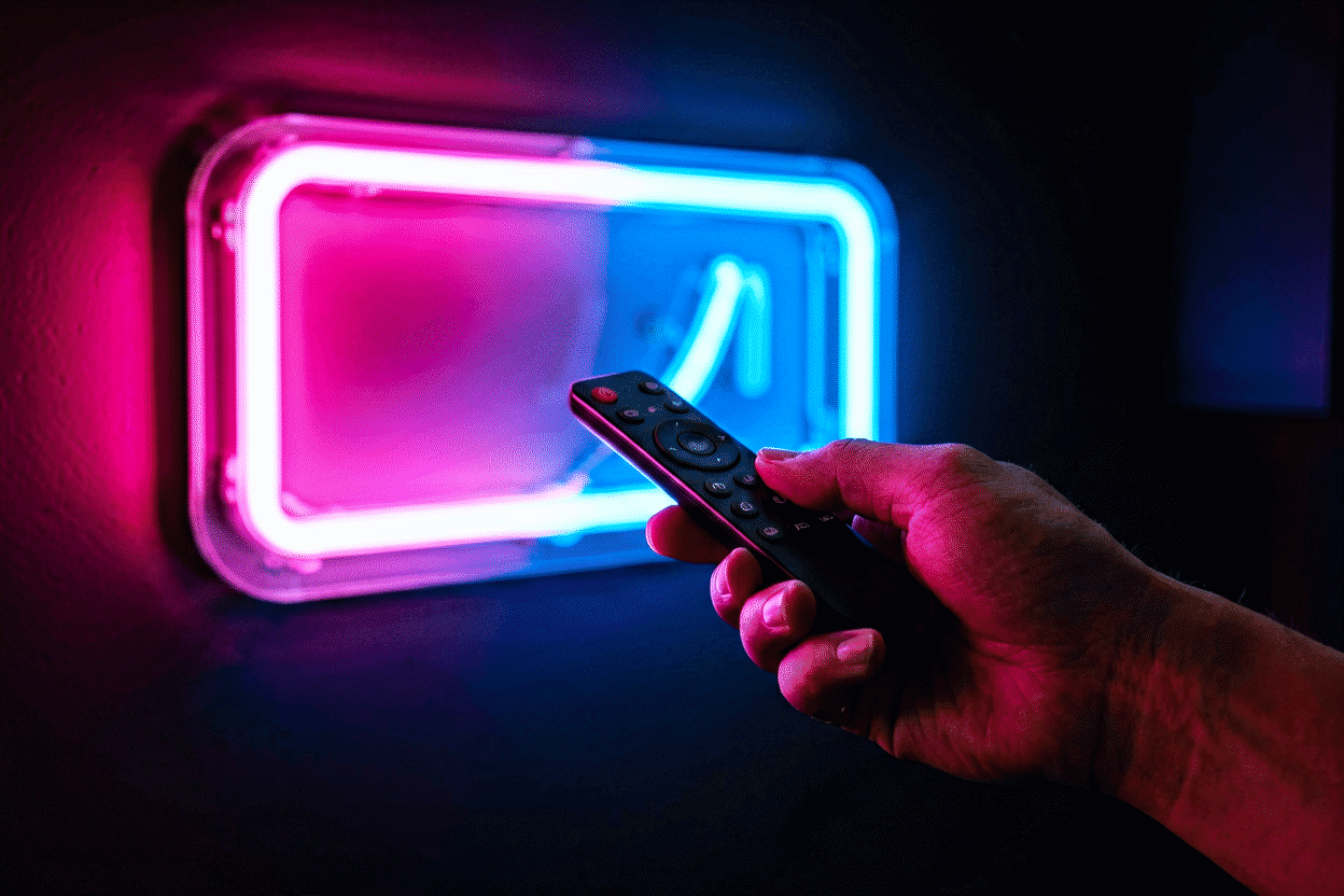 Neon Sign Remote Controls — visual for the section “Pairing: The Four Situations”: dark scene, glowing neon focal point, shallow depth of field