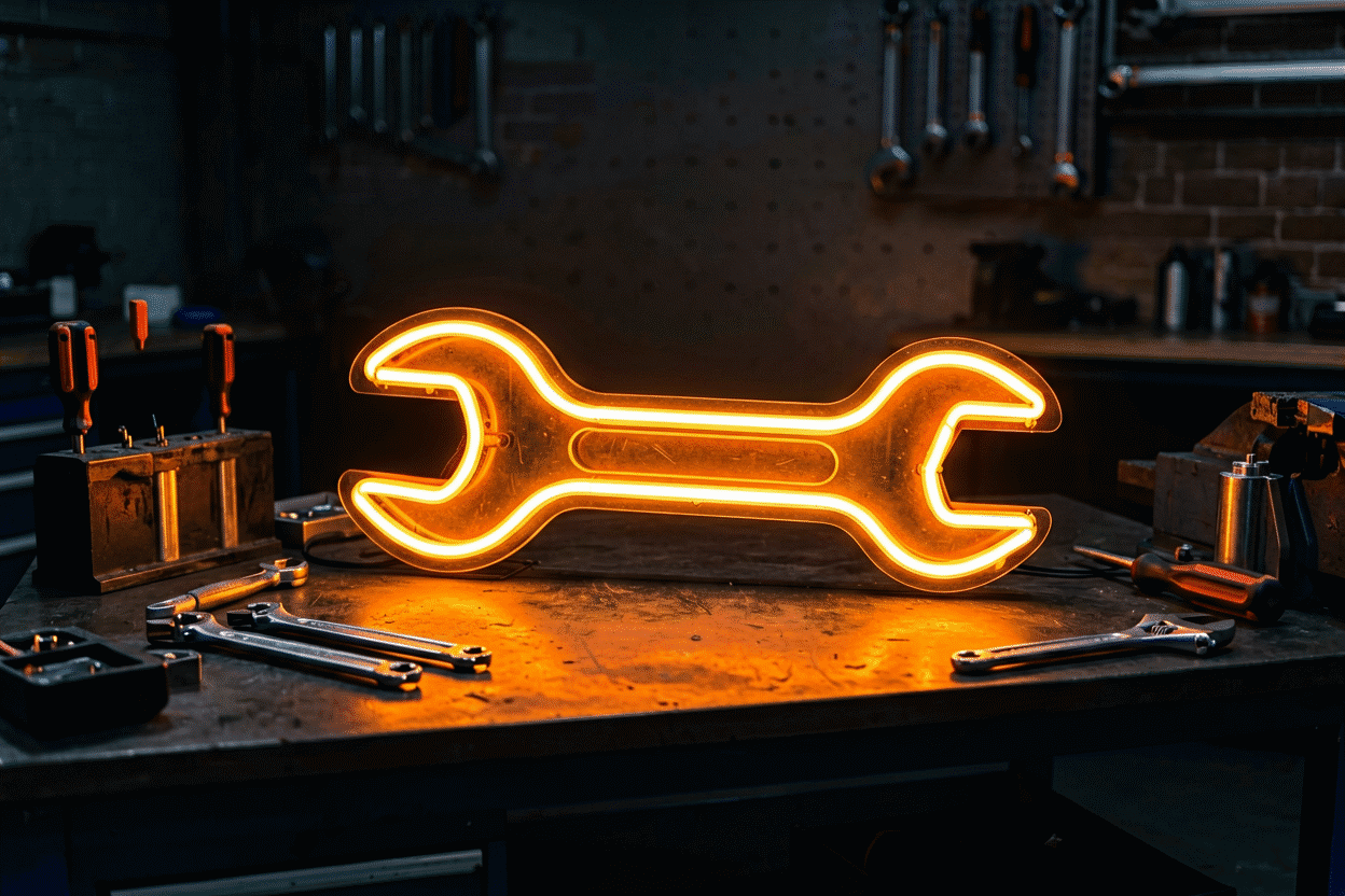 Neon Sign Repair Cost — visual for the section “Glass Neon: The Professional Price Table”: dark scene, glowing neon focal point, shallow depth of field