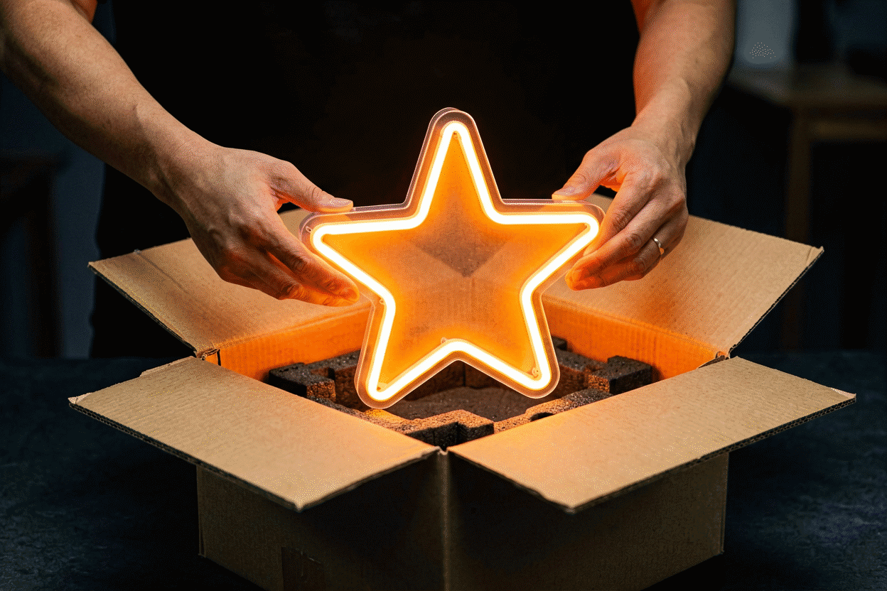 Neon Sign Shipping — visual for the section “Delivery Day: The Ten-Minute Routine”: dark scene, glowing neon focal point, shallow depth of field