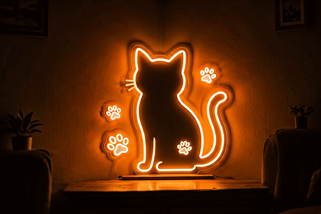 15 Neon Signs for Pet Lovers, Every Species — visual for the section “The Cat Tier: Ideas 9–11”: dark scene, glowing neon focal point, shallow depth of field