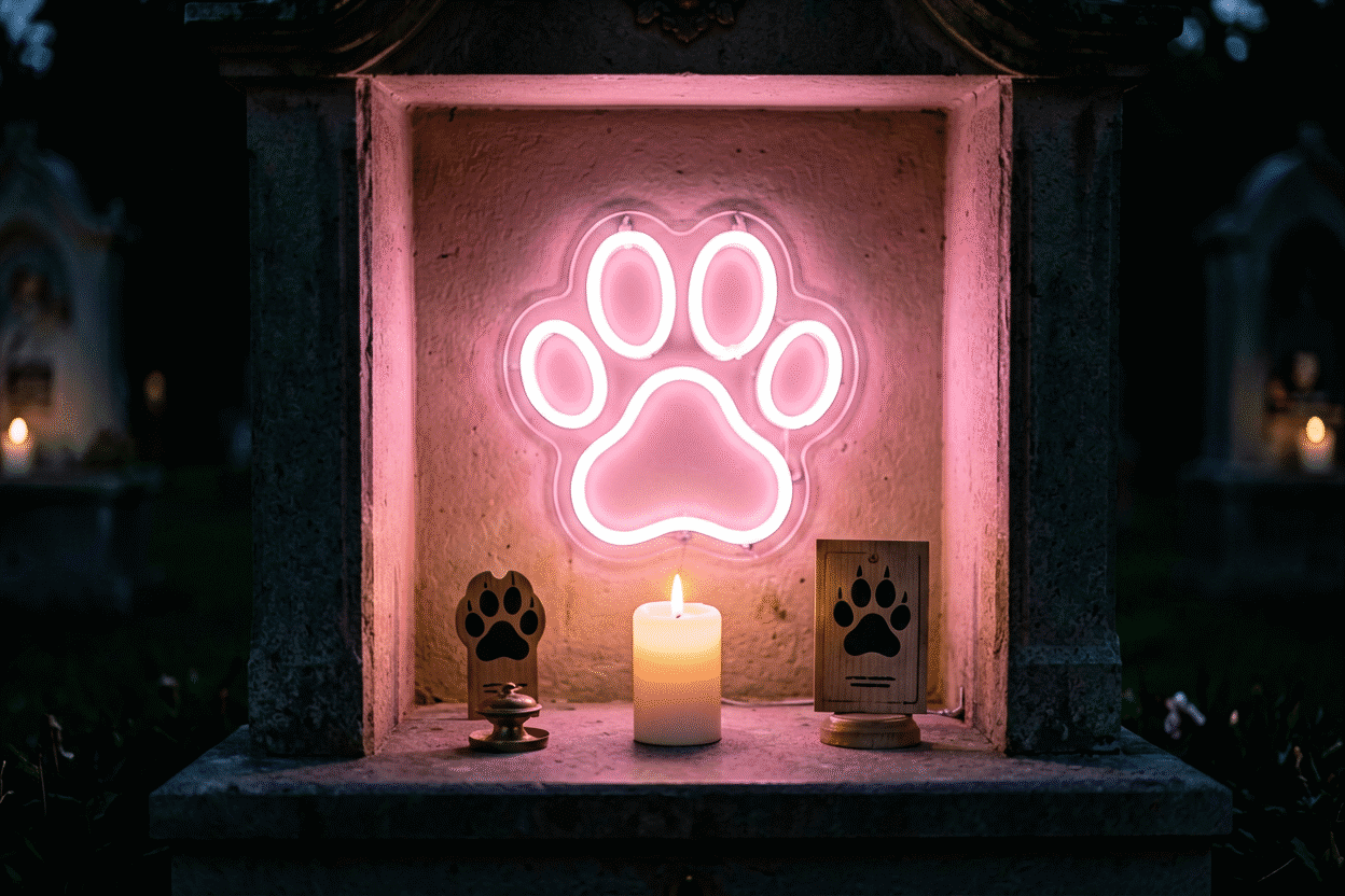 15 Neon Signs for Pet Lovers, Every Species — visual for the section “The Memorial Tier: Ideas 14–15”: dark scene, glowing neon focal point, shallow depth of field