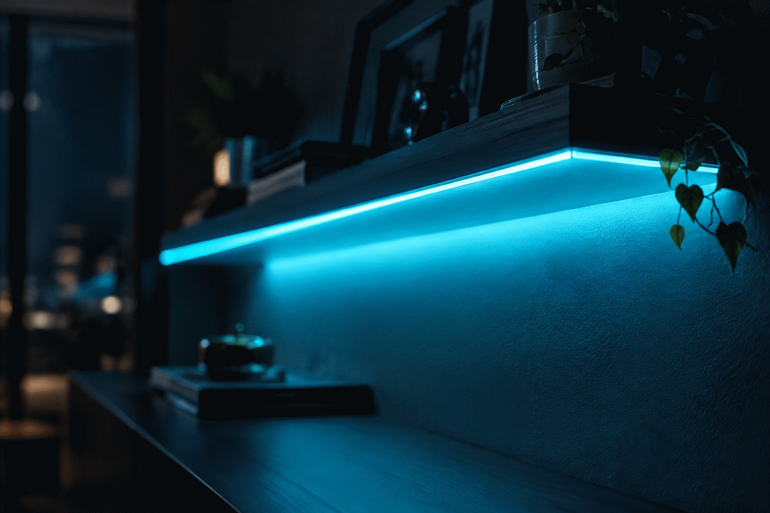 Neon Signs vs LED Strip Lights — visual for the section “When the Strip Wins (Honestly, Often)”: dark scene, glowing neon focal point, shallow depth of field