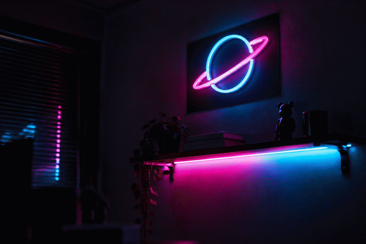 Neon Signs vs LED Strip Lights — visual for the section “The Right Answer Is Often Both (The Layered Wall)”: dark scene, glowing neon focal point, shallow depth of field