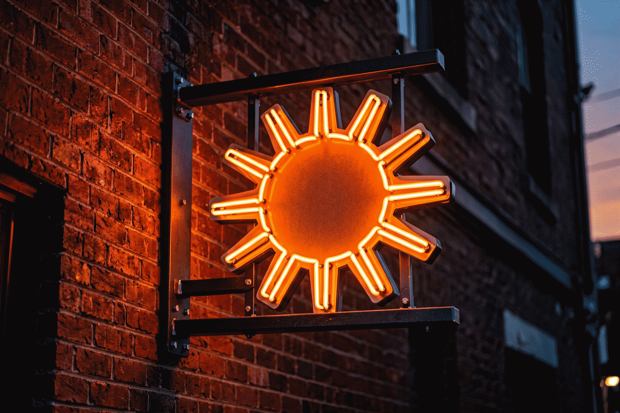Outdoor Neon Signs — visual for the section “Mounting for Wind (The Actual Engineering)”: dark scene, glowing neon focal point, shallow depth of field