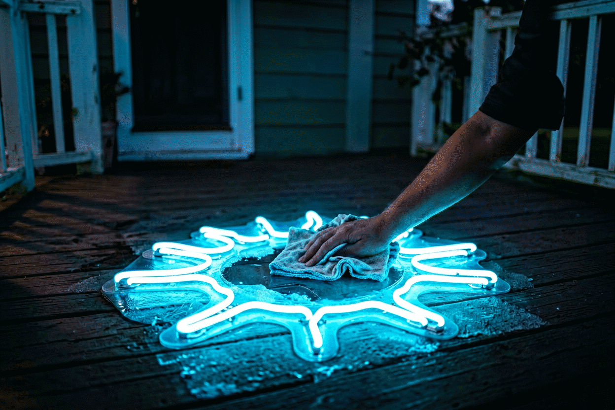 Outdoor Neon Signs — visual for the section “Seasonal Care (Fifteen Minutes, Twice a Year)”: dark scene, glowing neon focal point, shallow depth of field