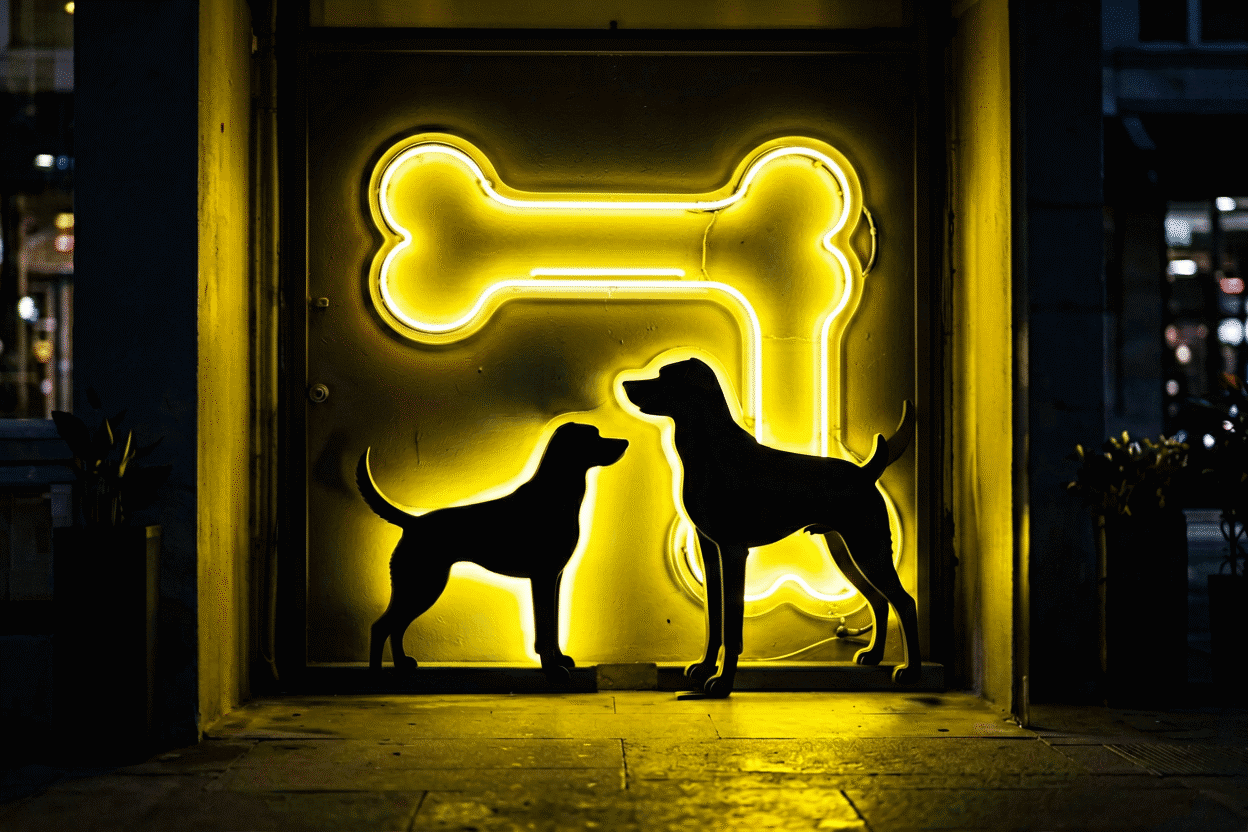 19 Pet Neon Sign Ideas From Paw to Portrait — visual for the section “The Household Humor Tier: Ideas 10–15”: dark scene, glowing neon focal point, shallow depth of field
