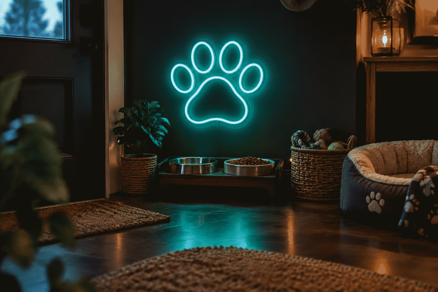 19 Pet Neon Sign Ideas From Paw to Portrait — visual for the section “Placement and the Household Physics”: dark scene, glowing neon focal point, shallow depth of field
