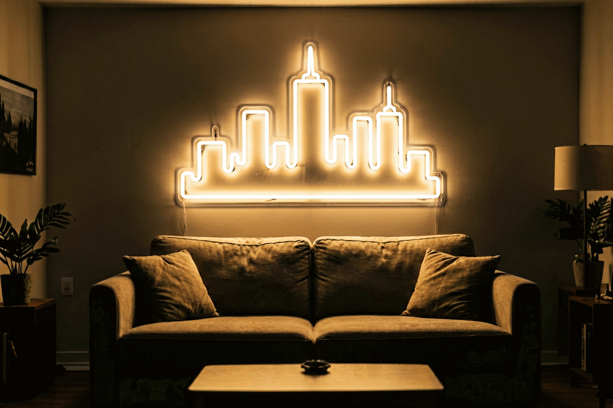 Renter-Friendly Neon Sign Hanging — visual for the section “Apartment Electricity: The Three Real Checks”: dark scene, glowing neon focal point, shallow depth of field