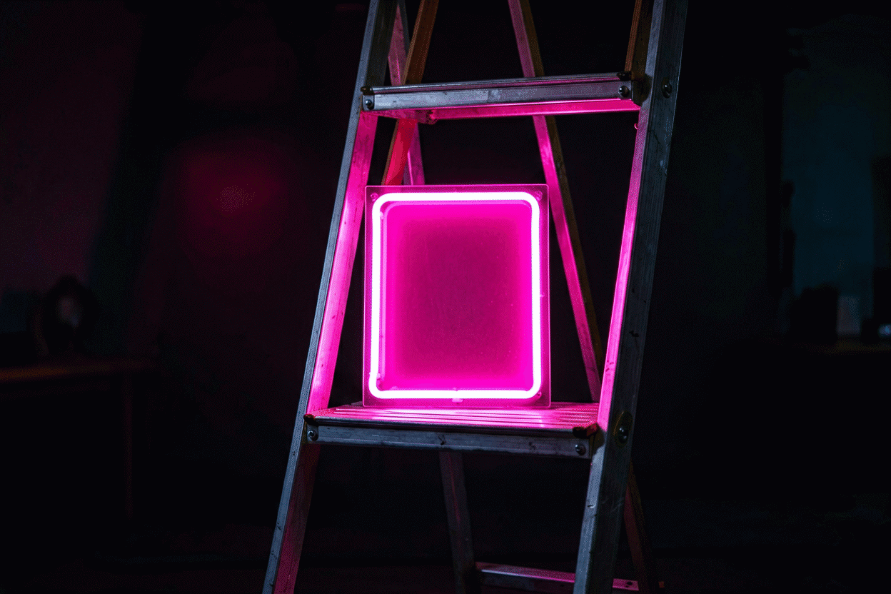 Renter-Friendly Neon Sign Hanging — visual for the section “Renting Shapes the Sign You Should Buy”: dark scene, glowing neon focal point, shallow depth of field