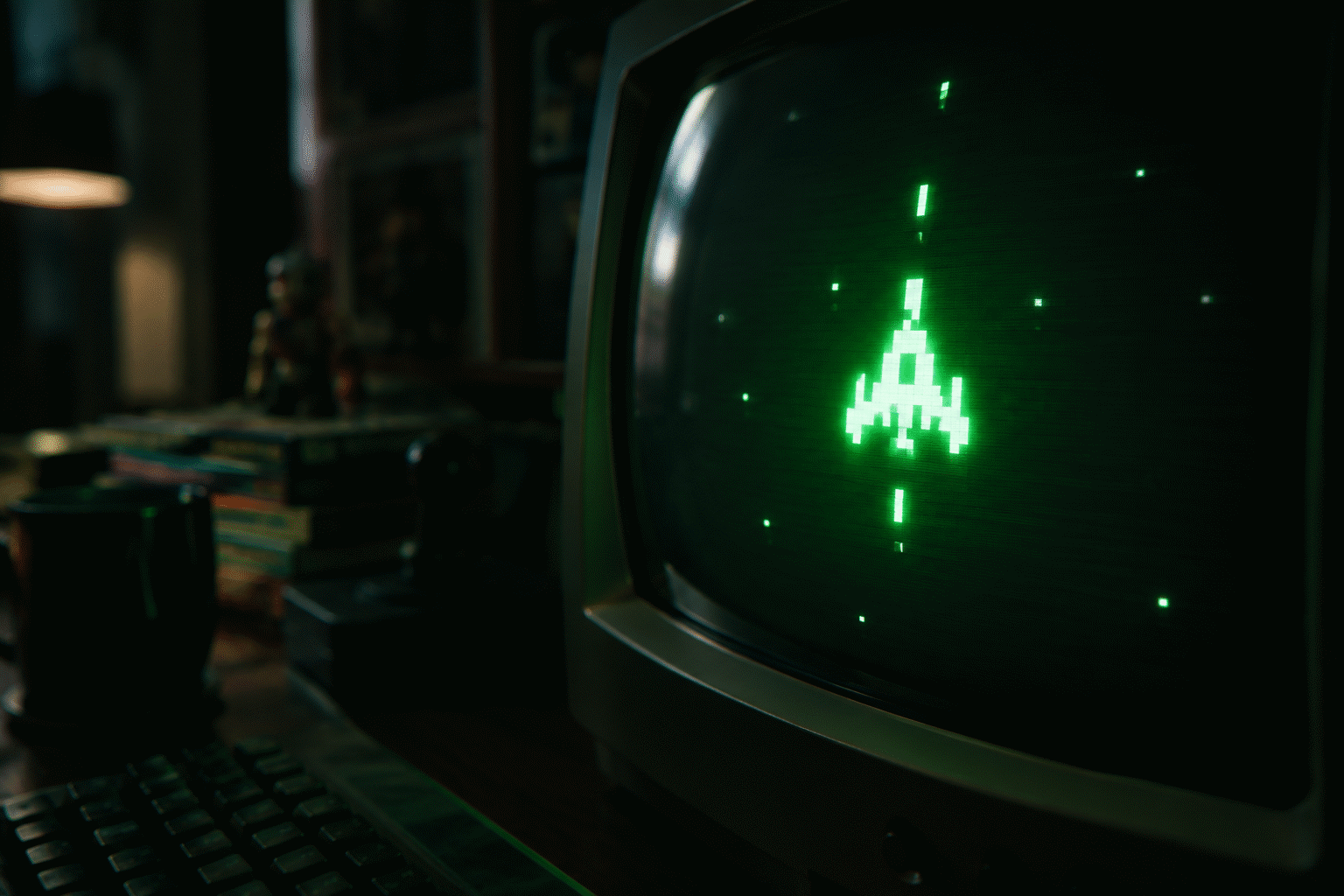 Retro Gaming Neon Signs — visual for the section “The Palette (The CRT Warmth)”: dark scene, glowing neon focal point, shallow depth of field