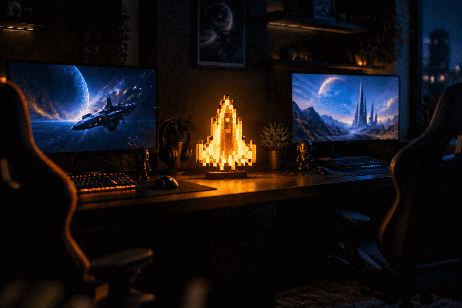Retro Gaming Neon Signs — visual for the section “The Retro Corner vs. The Modern Battlestation”: dark scene, glowing neon focal point, shallow depth of field