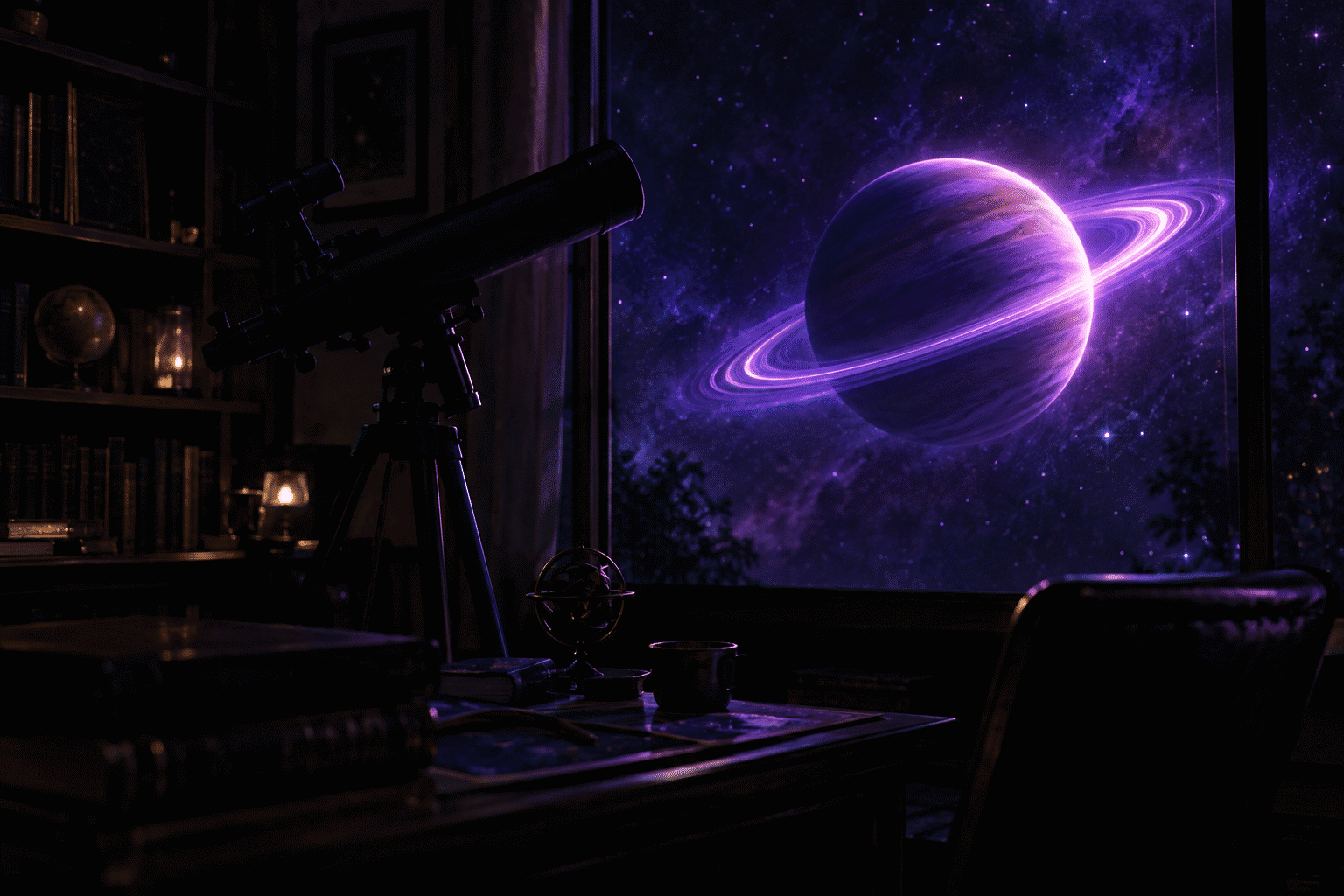 Space and Galaxy Neon Signs — visual for the section “The Rooms”: dark scene, glowing neon focal point, shallow depth of field