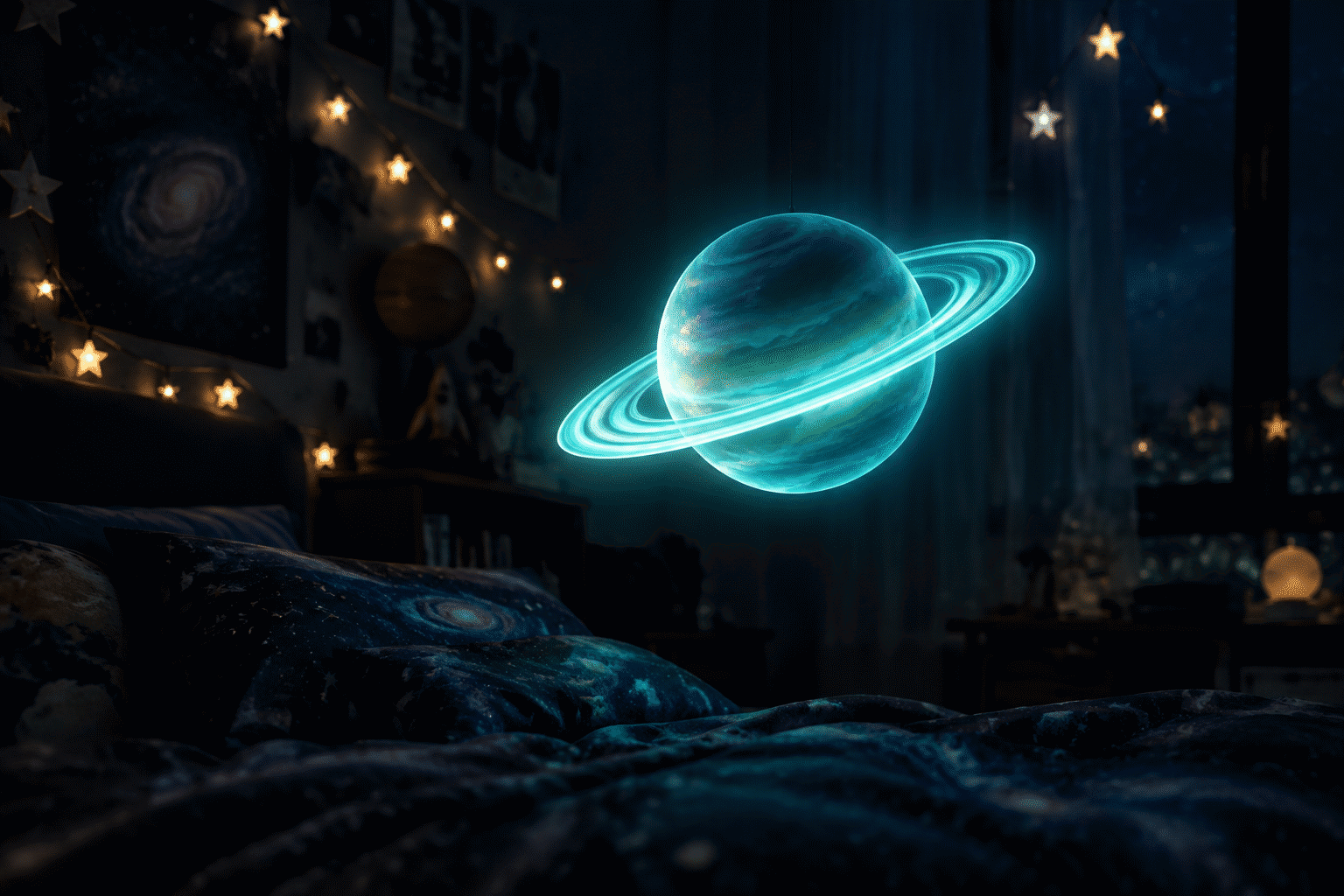 Space and Galaxy Neon Signs — visual for the section “The Space Register's Moment (Why Cosmos Decor Runs Hot)”: dark scene, glowing neon focal point, shallow depth of field