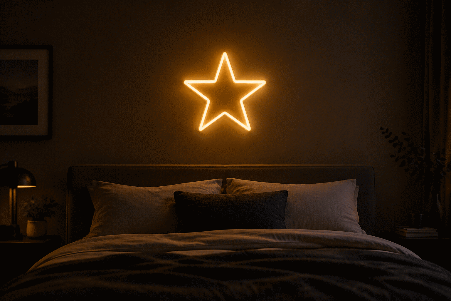 Star Neon Sign Ideas — visual for the section “The Rooms”: dark scene, glowing neon focal point, shallow depth of field