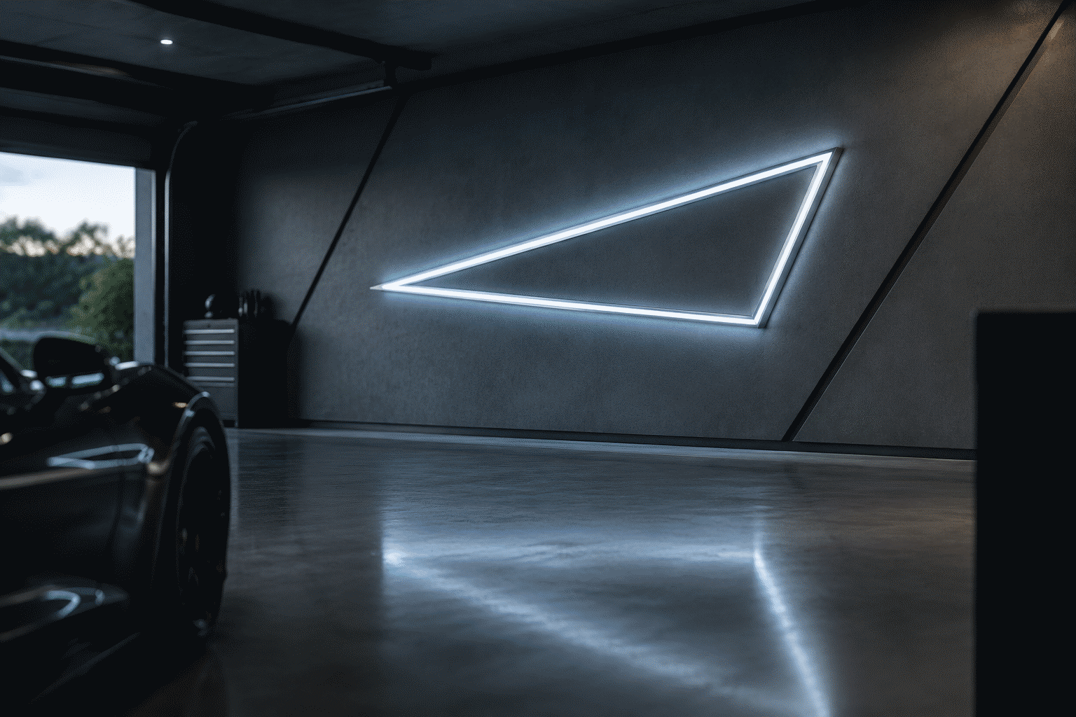 Tesla Neon Signs — visual for the section “The Cybertruck Option: Angular Neon”: dark scene, glowing neon focal point, shallow depth of field