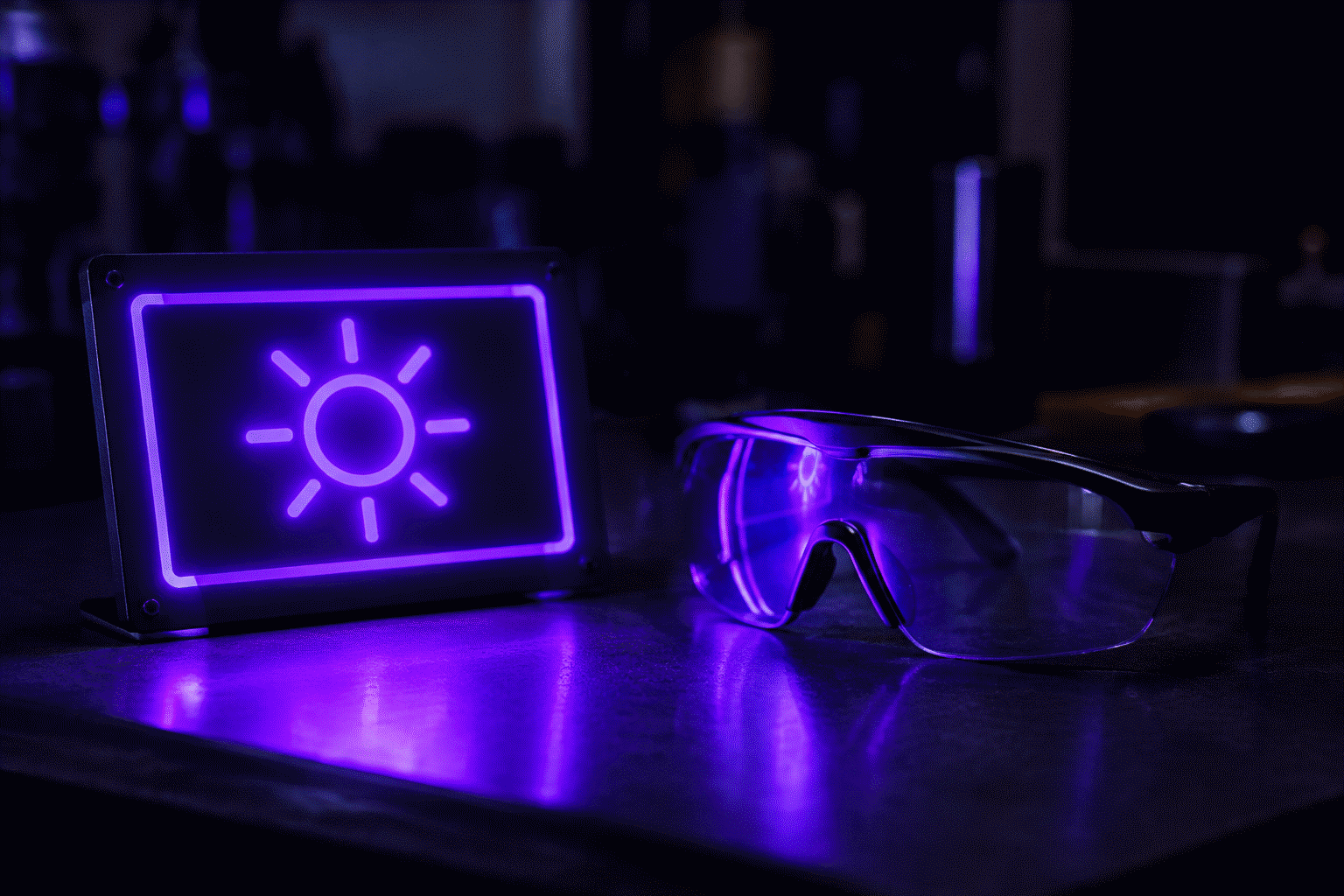 UV Neon Signs — visual for the section “Ordering the UV Combo: The Spec Sheet”: dark scene, glowing neon focal point, shallow depth of field