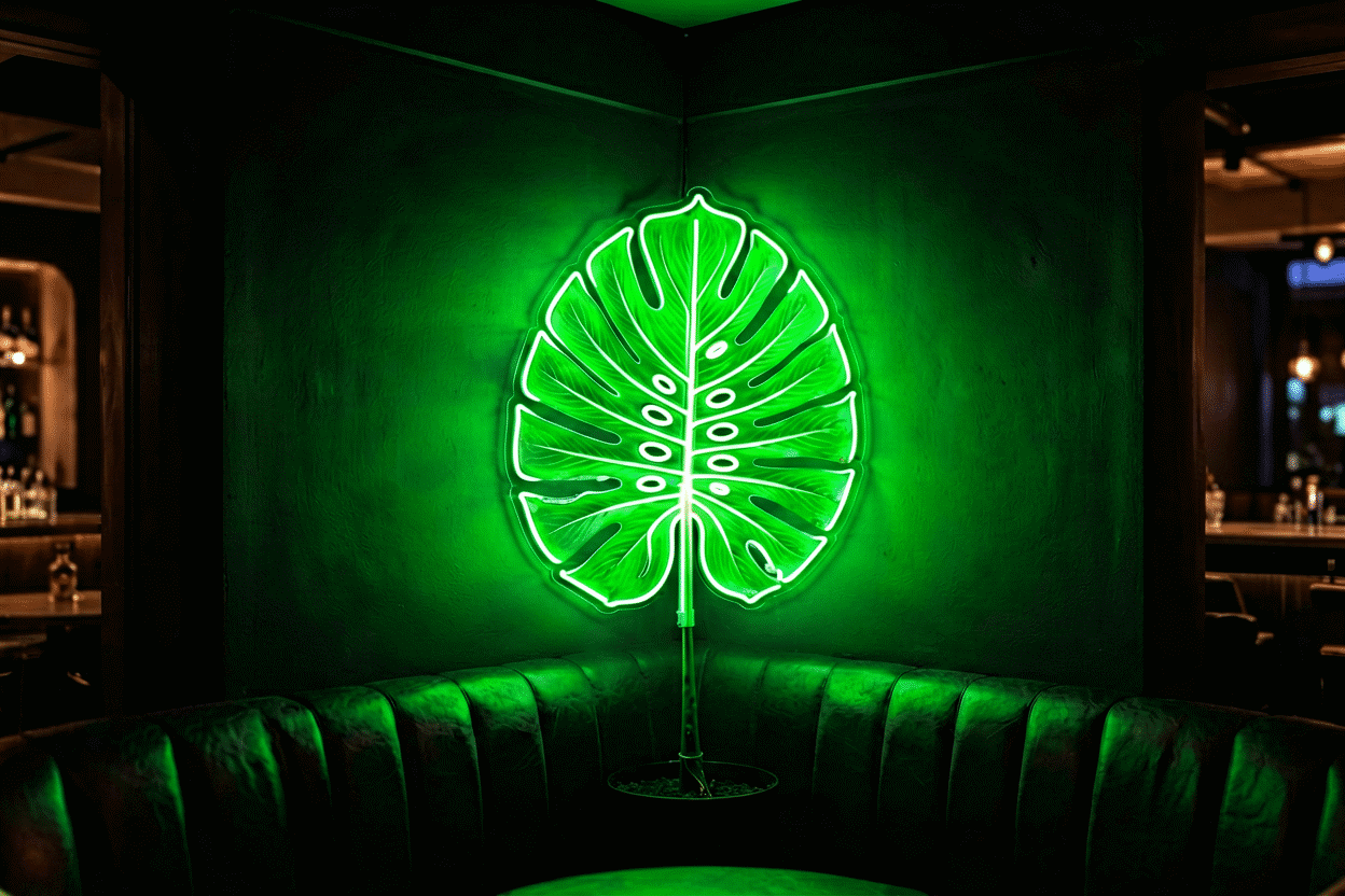 17 Weed Neon Signs for the Smoke Corner — visual for the section “The Era & Design Tier: Ideas 13–17”: dark scene, glowing neon focal point, shallow depth of field