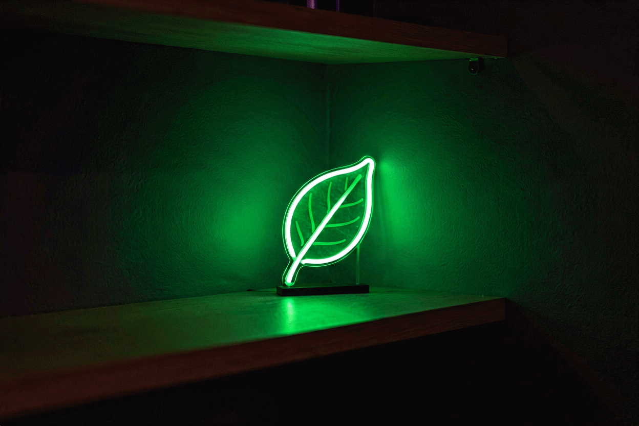 17 Weed Neon Signs for the Smoke Corner — visual for the section “The Sign-Buying Guide: Legibility, Subtlety, and the Coded T”: dark scene, glowing neon focal point, shallow depth of field