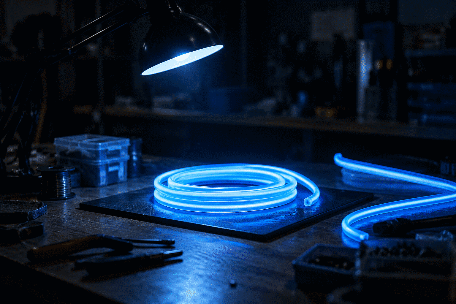 What Is a Neon Sign Made Of — visual for the section “Materials as Buying Signals”: dark scene, glowing neon focal point, shallow depth of field