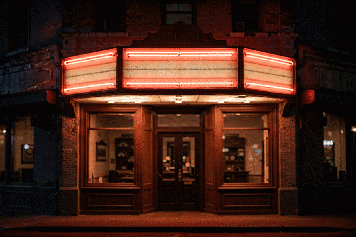 Who Invented the Neon Sign — visual for the section “Act Three: The American Debut (1923)”: dark scene, glowing neon focal point, shallow depth of field