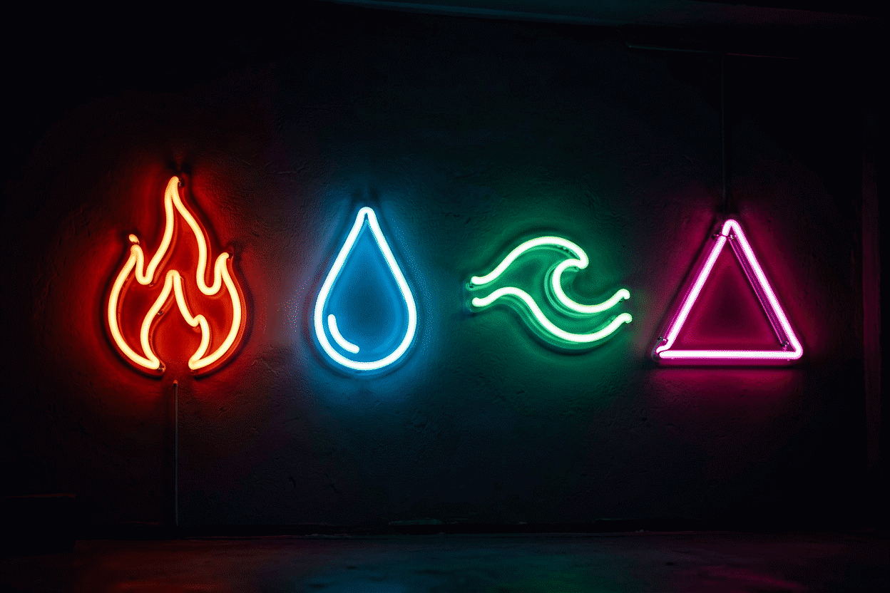 17 Zodiac Neon Sign Ideas for All 12 Signs — visual for the section “The Element Systems: Ideas 8–11”: dark scene, glowing neon focal point, shallow depth of field
