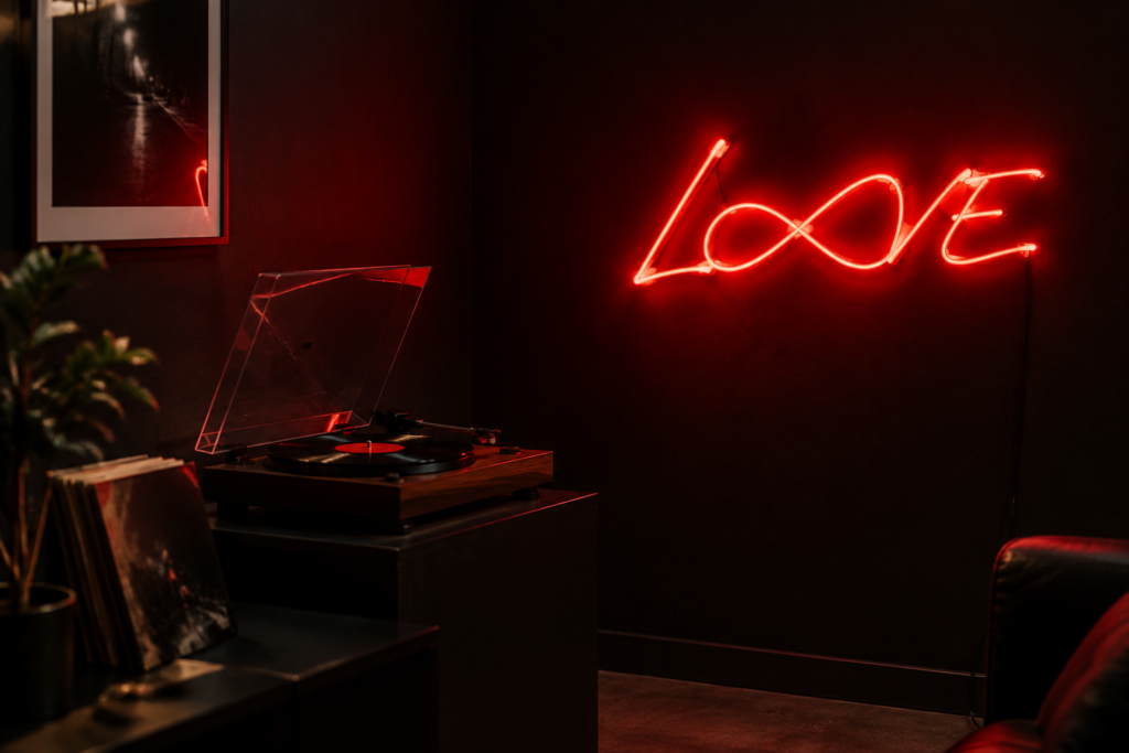 Dark scene with a glowing red neon sign reading LOVE