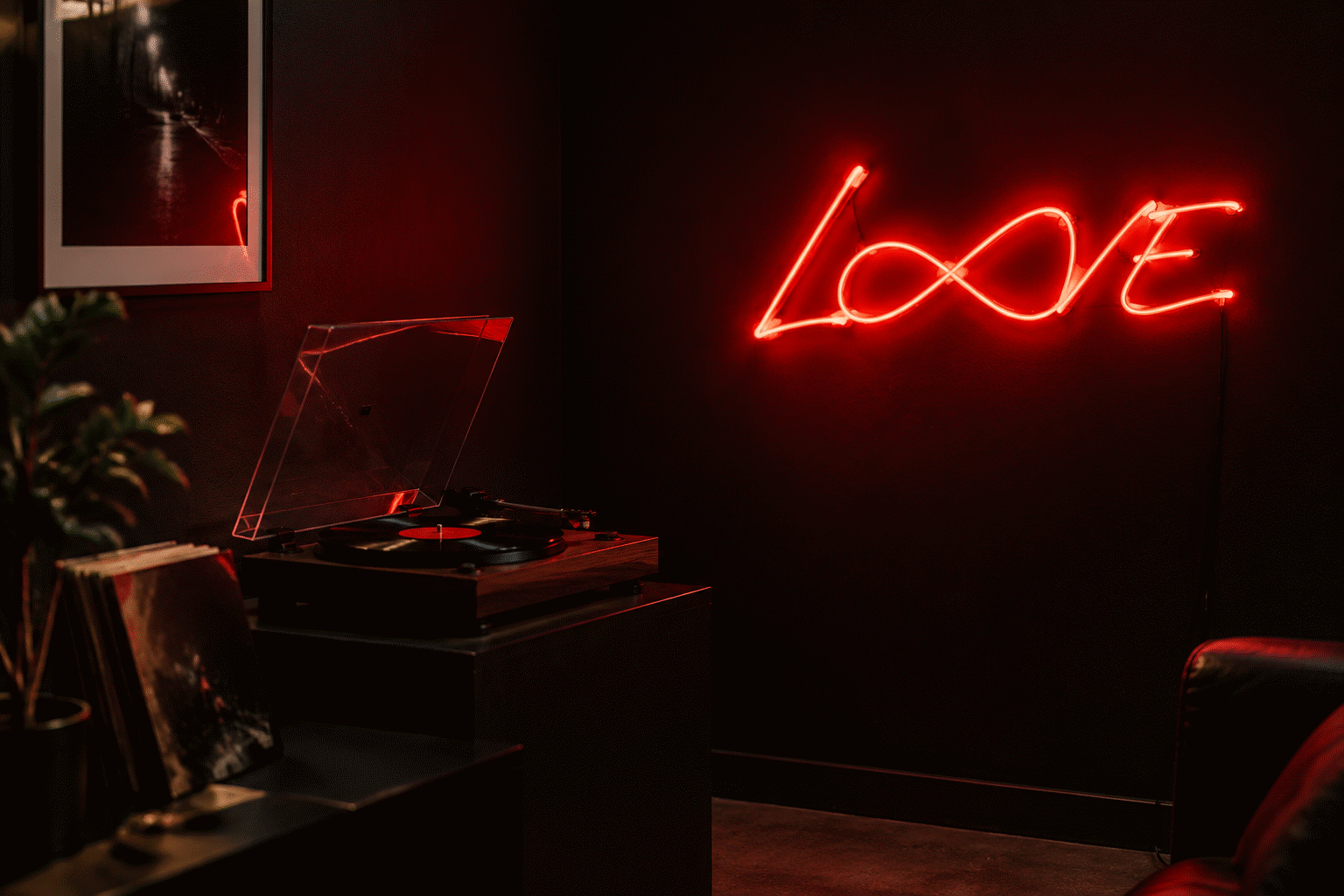 Dark scene with a glowing red neon sign reading LOVE