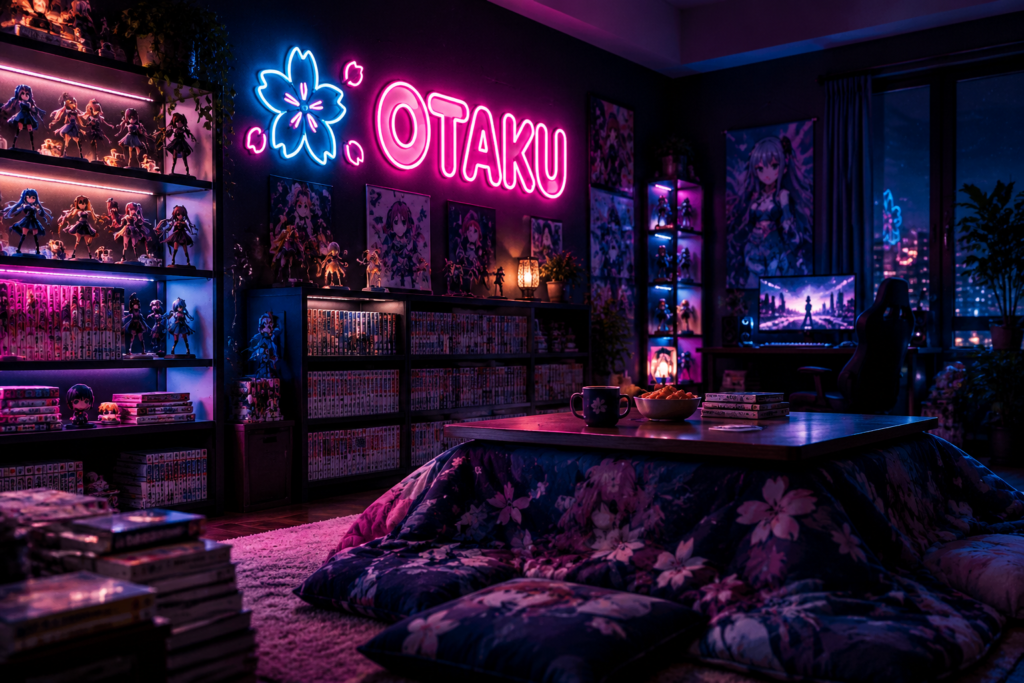 Dark scene with a glowing pink and cyan neon sign reading OTAKU
