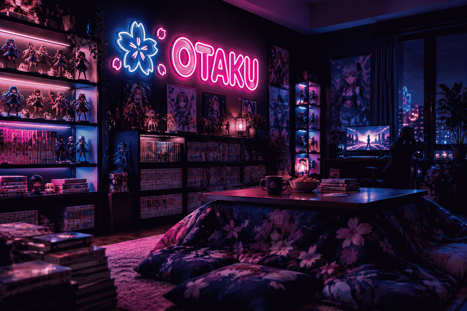 Dark scene with a glowing pink and cyan neon sign reading OTAKU