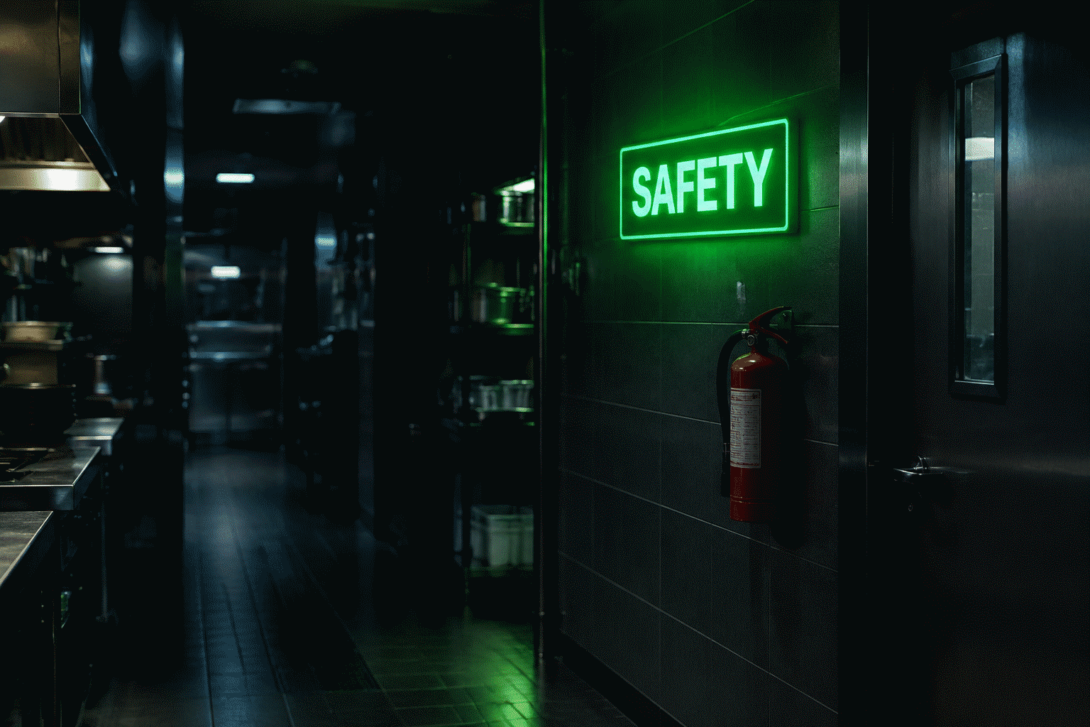 Dark scene with a glowing green neon sign reading SAFETY