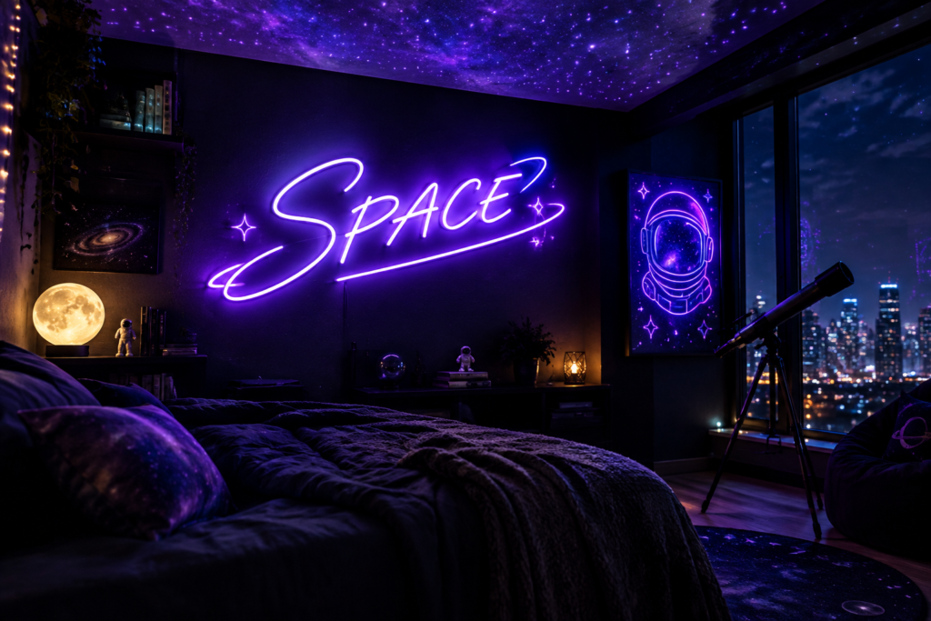 Dark scene with a glowing cosmic purple neon sign reading SPACE