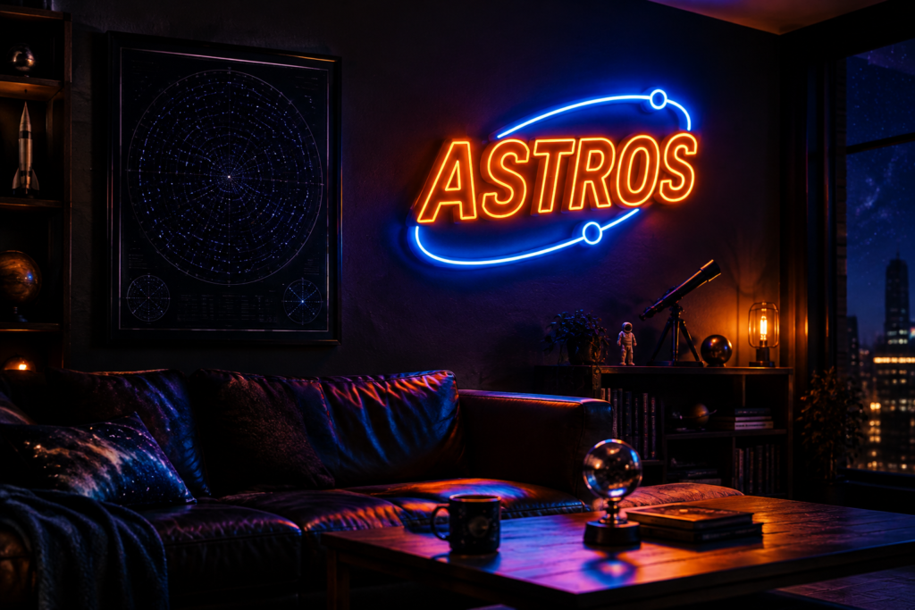 Dark scene with a glowing orange and blue neon sign reading ASTROS